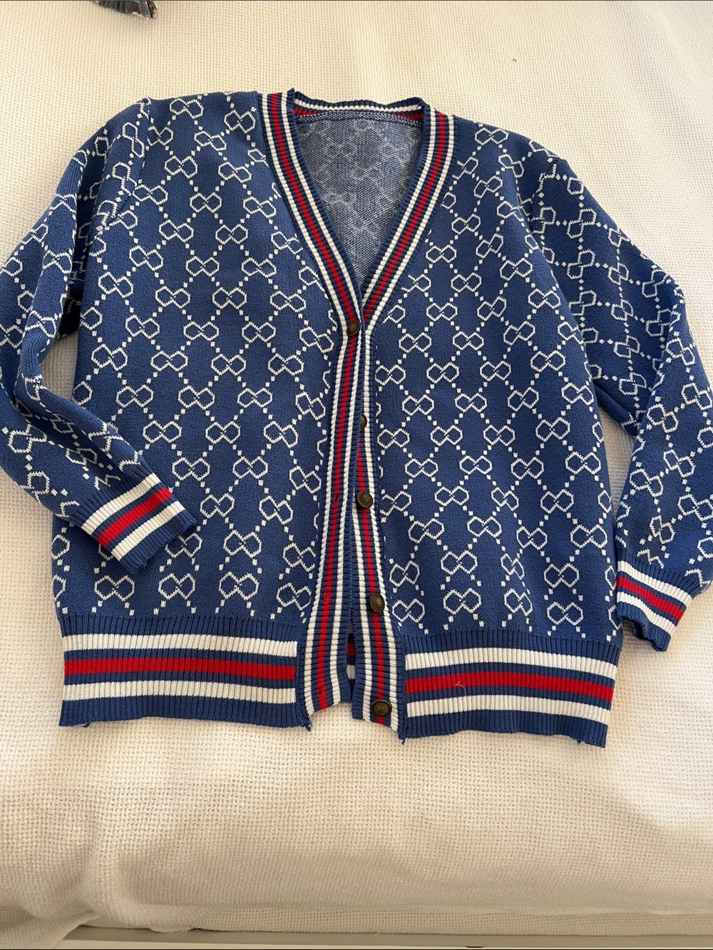 Blue Patterned Knit Cardigan with Red & White Trim
